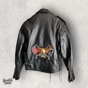 Vintage Wilsons Leather Biker Jacket Size L Eagle Back Patch Motorcycle Coat
